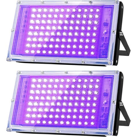 2 proyectores LED UV de 100 W, luz negra IP65, resistente al agua, lámpara LED ultravioleta, iluminación de efecto para acuario, fiesta, pintura fluorescente, cartel fluorescente, neón, bar, fiesta (1/5)