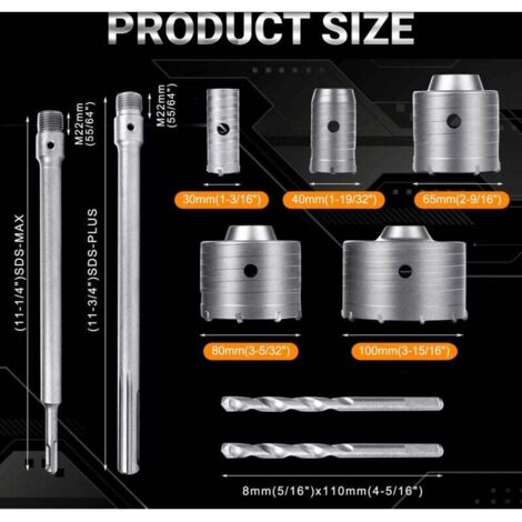 Kit 9 Scies à Trous Béton SDS+ – Tige Tungstène, Diamètres Variés, Maçonnerie