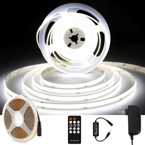 Ruban LED COB 5M, Bande LED blanc chaud 3000K, Bande LED COB Dimmable 24V, CRI92, Largeur 8mm, avec Télécommande et Alimentation, Pour la Décoration,Maison, Cuisine, Miroir [Classe énergétique B] (1/4)