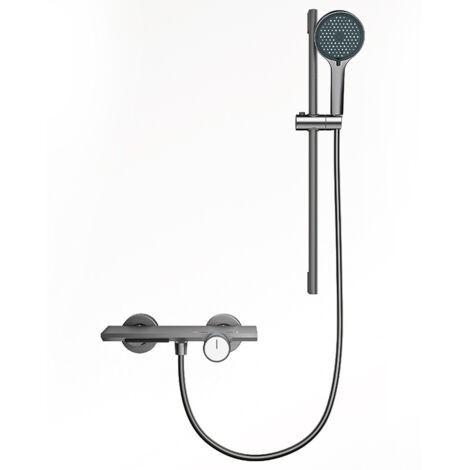 Pommeau de douche mural à main, pommeau de douche coulissant avec 4 modes, kit de douche extérieure, douche apparente, avec plateforme de rangement, hauteur réglable, gris (1/4)