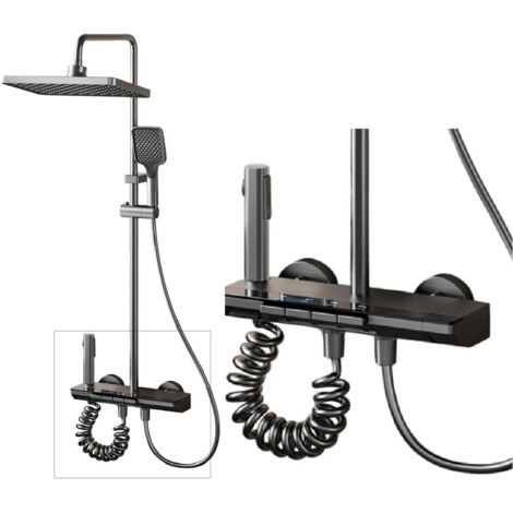 Colonne de douche avec tête carrée, 10 ans de garantie - Noir titane avec 4 modes de fonctionnement - Douche à main, tête carrée, jet concentré et robinet pour baignoire (1/4)