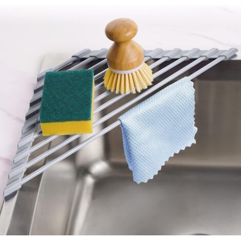Égouttoir à Vaisselle Triangulaire Enroulable avec revêtement en Silicone pour Coin de l'évier, Petit égouttoir de Cuisine Pliable en Acier Inoxydable Multifonction pour économiser (Gris) (1/4)