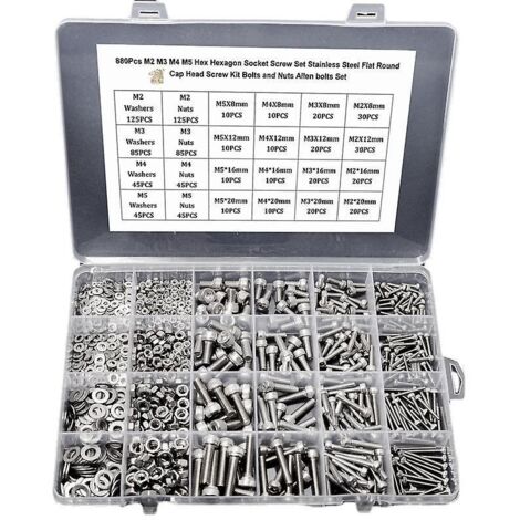 Vis 860pcs m2 m3 m4 m5 hexagone douille jeu de vis en acier inoxydable plat rond tête de tête kit de vis boulons et écrous allen boulons set (1/2)