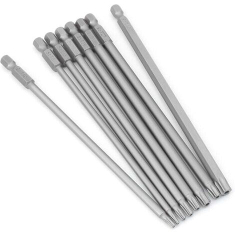 Enowelir Lot de 8 embouts Torx longs - 1/4" - Magnétiques - Tête d'étoile - 150 mm de long - Tige hexagonale - Jeu d'outils électriques Torx (8 pièces de 150 mm) (1/4)
