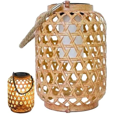 Kcvv – Lanterne solaire en bambou naturel tissée à la main – Lampes suspendues de style chinois – Dimensions 14x21x39 cm – Pour éclairage extérieur