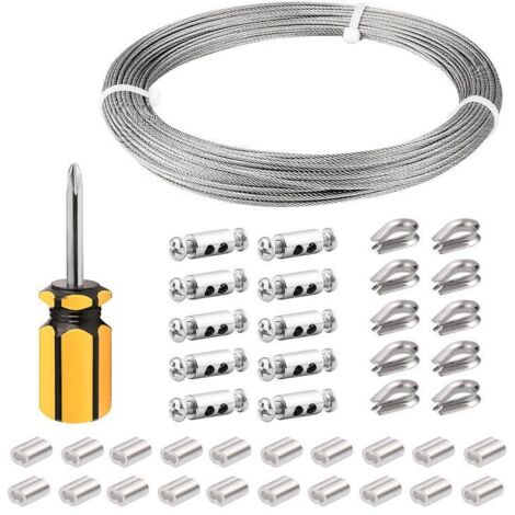 Cable Inox 3mm,30M/3mm Corde en Acier Inoxydable,Cable en Acier Revêtu avec Serre-Câbles,M3 Manchons,Cosses en Acier Inoxydable,3mm Cable Métallique pour Fil a linge,Cable de Garde Corps (1/4)