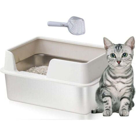 AIPERQ Bac a Litiere pour Chat, Bac à Litière en Acier Inoxydable, Toilette pour Grand Chat Et Lapin - Ne Colle Pas Aux Résidus, N'attire Pas Les Odeurs, Facile à Nettoyer, 50 x 35 x 20 cm (Blanc) (1/4)