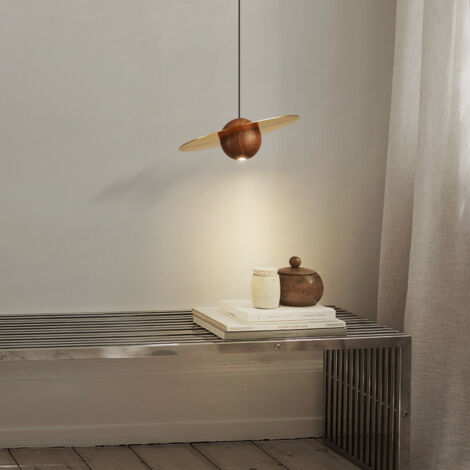 Suspension LED moderne, lampe suspendue en laiton avec abat-jour sphérique en noyer, lustre planète créative, lampes à suspension d'éclairage décoratif pour chambre d'enfant, 3W - 4000K (1/5)