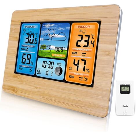 Station météo sans Fil Station météo numérique avec Station météo Thermomètre avec Alarme et humidité Baromètre Alarme Horloge météo à Phase Lunaire avec capteur extérieur  (jaune) (1/5)