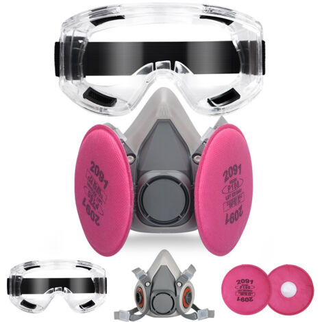 Masque respiratoire demi-visage réutilisable avec 4 filtres 2097 et lunettes de protection, bouchons d'oreille pour peinture, poussière, chimique, résine époxy, coupe, polissage, Rouge (1/4)