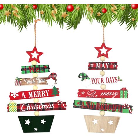 2 pièces décorations en bois d'arbre de noël, pendentif d'arbre en bois de noël arbre de noël décoration de porte de fenêtre de maison fournitures de fête artisanat créatif en bois (1/5)