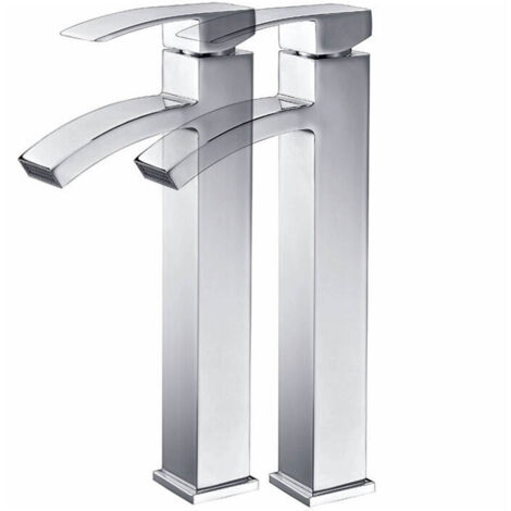 2x Robinets Salle de Bain Cascade Mitigeurs de Lavabo Haut Bec Robinets Cascade pour Salle de Bains Robinetteries en Laiton Design Moderne (1/5)