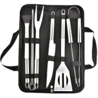 Kit Barbecue Professionnel en Acier Inoxydable – 7 Pièces avec Étui de Transport, Compatible Gaz et Charbon