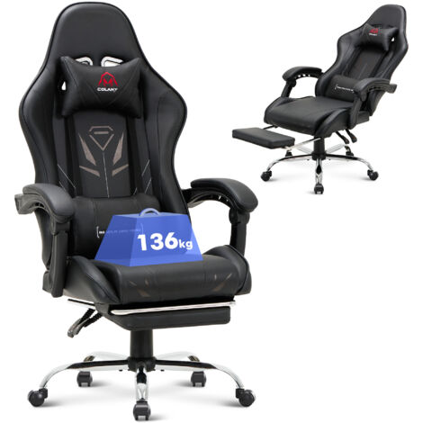 COLAMY Gaming Stuhl – Ergonomischer Computerstuhl mit Fußstütze, Lendenwirbelstütze, Kopfstütze, 360° Drehfunktion und hoher Rückenlehne, schwarz