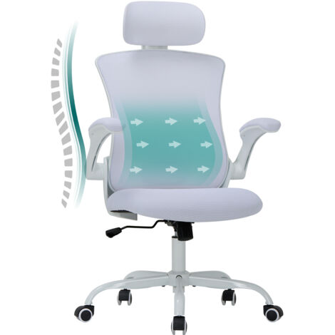 COLAMY Bürostuhl – Ergonomischer Bürostuhl mit Kopfstütze, Lendenwirbelstütze, klappbaren Armlehnen und 140° Wippfunktion, weiss