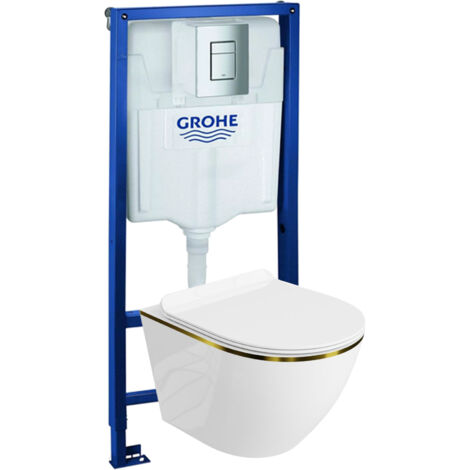 GROHE Bâti-support Solido + Lavita WC Sofi Slim Gold Line suspendu blanc/or sans bord + panneau de commande Delta 25 chrome Kit complet