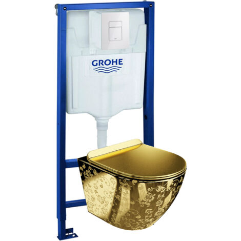 GROHE Bâti-support Solido + Lavita WC Sofi Slim Golden Eye suspendu or sans bord + panneau de commande Delta 25 blanc  Kit complet WC