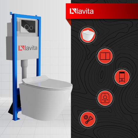 domino LAVITA SOGO WC da parete con abbassamento automatico e cerniere in metallo, senza bordi, da appendere, 365 x 490 x 395 mm, bianco lucido