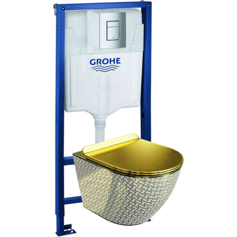GROHE Bâti-support Solido + Lavita WC Sofi Slim Golden Never Die suspendu or sans bord + panneau de commande Delta 25 chromeKit complet