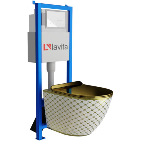 Bâti-support Lavita LAV 101 à 40 cm + WC Sofi Slim Checked Gold sans bord + plaque de commande LAV 200.3.1 blanc Kit complet WC (1/5)