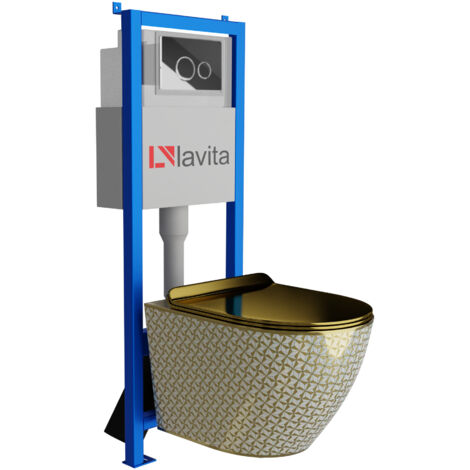 Lavita LAV 101 voorwandelement voor WC 40cm wand hangend diepspoel WC SOFI SLIM GOUD/ZWART spoelrandloos bedieningsplaat LAV 200.4.5 Goud | Compleetset | Inbouw spoelkast | Toilet compleet set