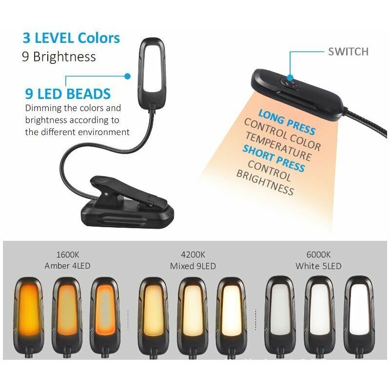 Lampe De Lecture Pince USB-C Rechargeable - 9 LEDs, 3 Températures De Couleur, Flexible à 360° - 9
