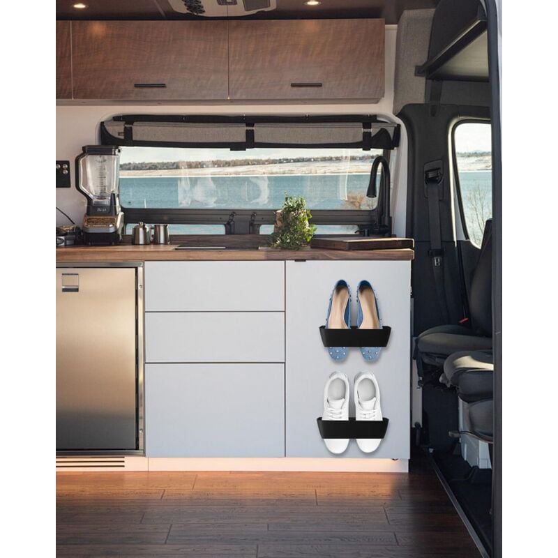 Lot De 4 Supports Muraux Pour Chaussures De Camping-car, Supports De Chaussures Autocollants, Adaptés Pour Une Installation Dans Les Caravanes, Portes Et Armoires (noir – Blanc