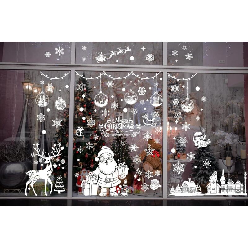 Stickers Fenêtre Noël électrostatiques - Flocons, Arbres, Maisons - 9 Feuilles 20x30 Cm - Sans Colle, Réutilisables