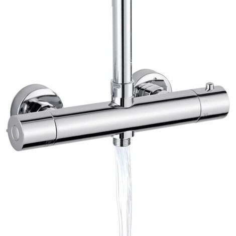 Mitigeur de Douche, Mitigeur Thermostatique Douche Avec 2 Sortie, Sortie Supérieure 3/4" BSP(26.4mm) et Sortie Inférieure 1/2" BSP(21mm), Forme Ronde , Laiton, Finition Chromée
