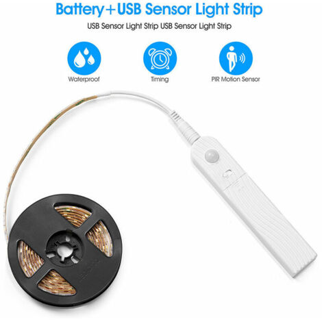 2M Ruban Led avec Détecteur de Mouvement, 120LED Dimmable Bande Led à Piles, Lumiere Led, Bandeau LED Autocollant, Bande Lumineuse pour Cuisine Placard Murale Armoire Escaliers (Blanc froid) (1/5)