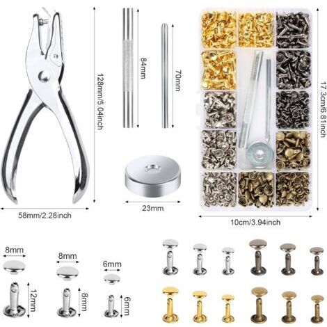 180 Rivets En Cuir Métal Double Tête 6mm 8mm 12mm - Kit Complet Avec Outils (Argent, Cuivre, Or, Nickel)