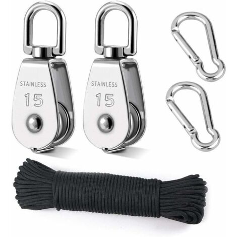 Poulie de Levage, 2 Pièces 15MM Poulie en Acier Inox 304,2 Pièces M15 Poulie Simple, Pour Cordes et Câbles, avec 8mm corde d'escalade 20M (1/5)