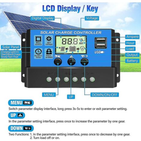 Régulateur Solaire 10A/20A/30A - Contrôleur Charge PWM LCD USB, 12V/24V Auto, Pour Panneaux