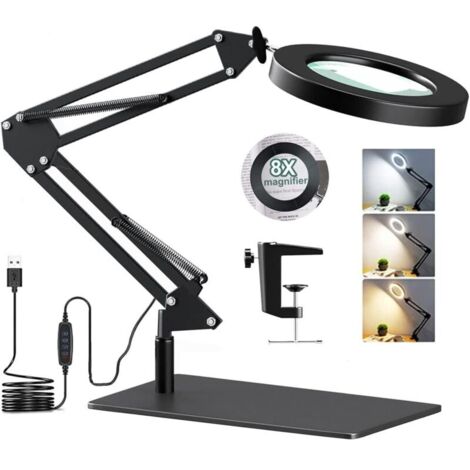 LaBlanc - Lampe de Bureau avec Loupe 8X et LED, Lampe Loupe sur Pied 2-en-1 avec Base et Pince, 3 Modes de Couleur,10 Niveaux de Luminosité,Lampe Bras Pivotant Réglable pour Artisanat (1/5)
