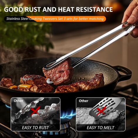 Pinces De Cuisine En Inox - Lot De 3 Noires Avec Poignée Antidérapante - Pour Barbecue, Viande, Pâtes, Salade