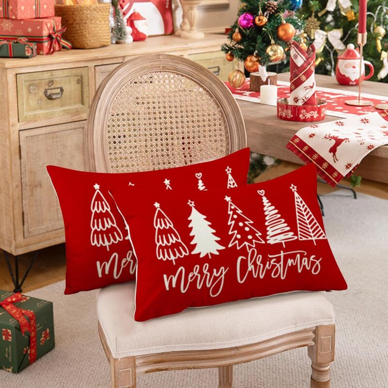 Lot De 2 Housses De Coussin Noël En Lin – Motif Sapin, 40x40 Cm, Blanc, Pour Canapé Ou Déco Festive