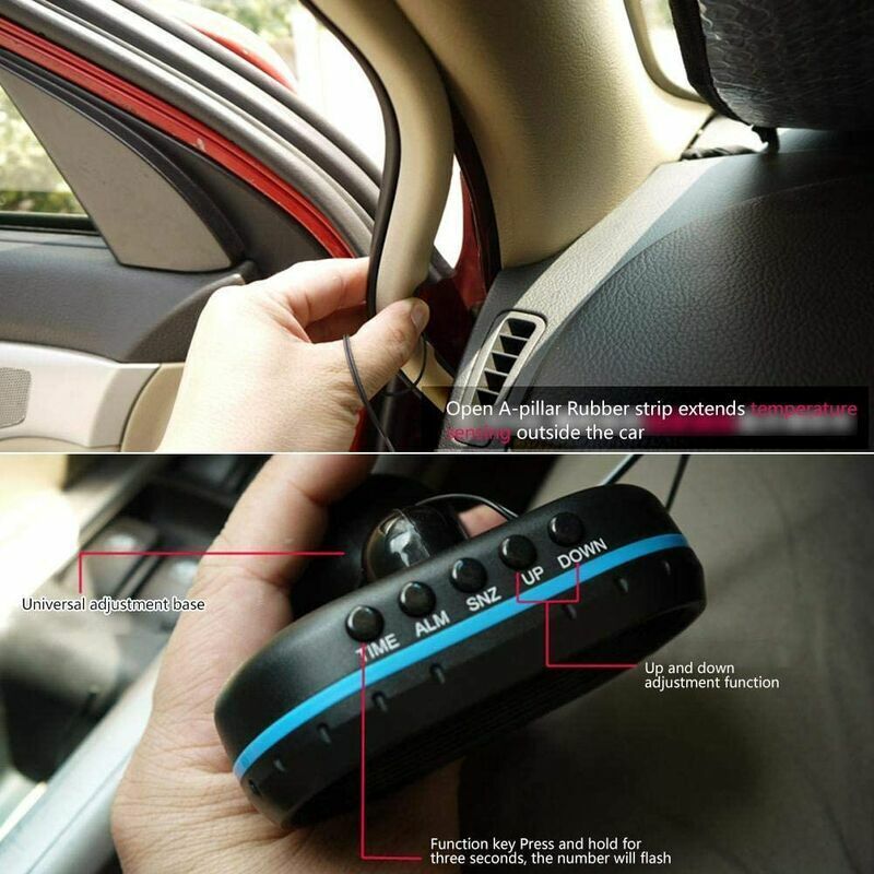 Orologio Per Auto Horloge Voiture 4-en-1 Digital - Thermomètre Intérieur/Extérieur + Voltmètre - Écran LCD Rétroéclairé (12-24V, Bleu) Affichage Température Intérieure Extérieure