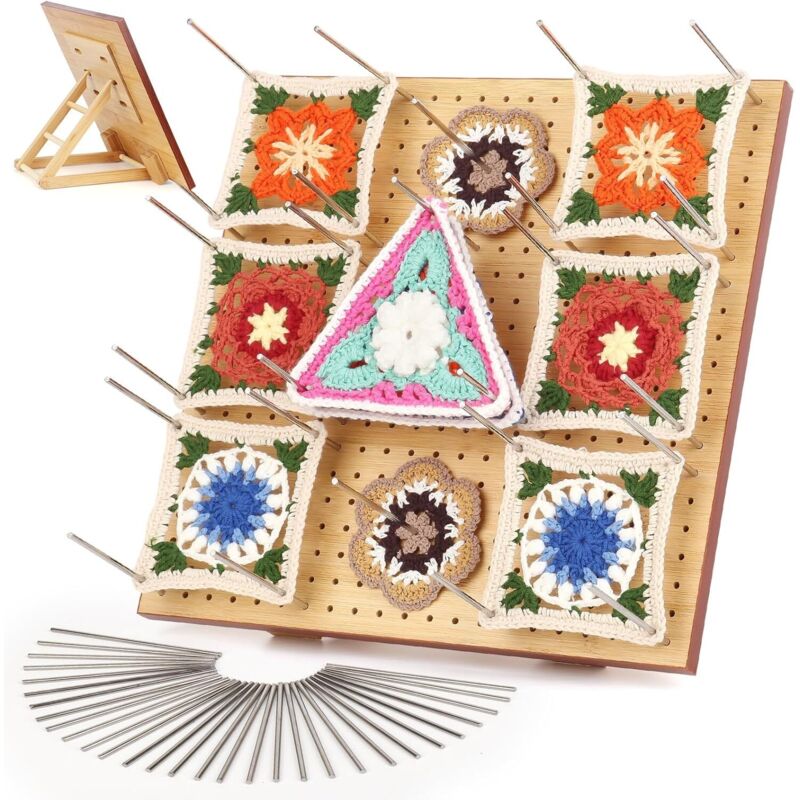 Planche à Bloquer Pliable Pour Crochet - 33x33 Cm En Bois, Avec 20 Pics En Acier Inox, Pour Carrés Granny Et Motifs