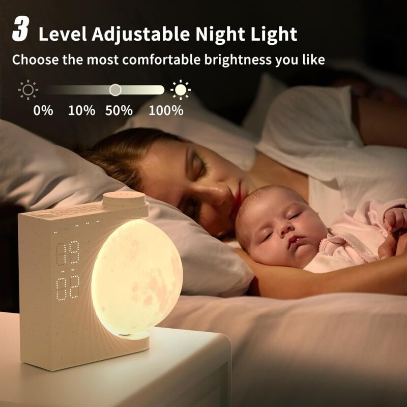 Réveil Avec Lune Rotative RETEYUNG - Veilleuse Enfant RGB 8 Couleurs, 10 Sons Naturels, Simulateur Aube