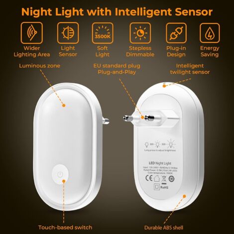 Lot De 2 Veilleuses LED Avec Détecteur De Luminosité - Pour Prise électrique, Luminosité Réglable, Blanc Chaud