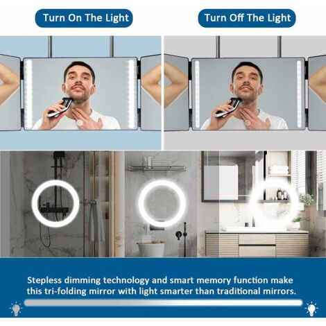 Miroir à 5 Voies Pivotant 360° Avec Lumière LED - Réglable En Hauteur, Fixation Sans Perçage, Pour Maquillage/coiffure