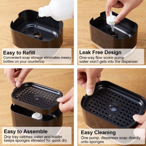 AJW-distributeur de savon rechargeable avec porte-éponge - pompe à AJW-distributeur de savon rechargeable avec porte-éponge - pompe à