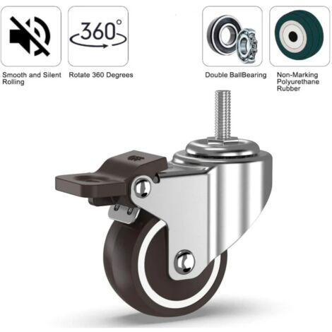 Roulettes Pivotantes Robustes Avec Frein, 75 Mm, Tige Filetée M10 X 30 Mm Pivotant A 360 Degres 4 Roues En Polyurethane 96458419