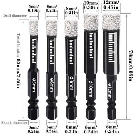Coffret De Forets Diamant Pour Carrelage Et Métaux - 5 Tailles (5 à 12 Mm) + Foret Métal 6 Mm, Avec Cire De Refroidissement