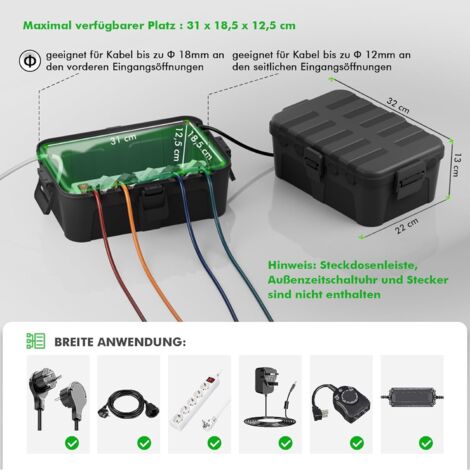 RESTMO Boîte De Protection Étanche IP54 Extra Large - Organisation Multiprise Extérieure 32x22x13 Cm, 6 Entrées, Résistante UV Pluie Gel - Noir