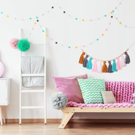 Guirlande de perles en bois de 147,3 cm avec pompon – Perles décoratives en bois naturel pour décoration bohème moderne et rustique