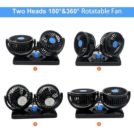 Ventilateur Voiture Double Tête 12V USB - Oscillant Noir EVGATSAUTO