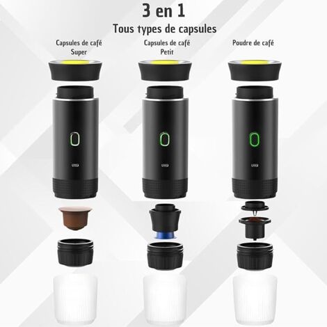 LAMA Mini Machine à Café Portable Électrique - 3 En 1 Capsules & Poudre - Batterie 7500mAh - Noire - Camping Voyage Bureau