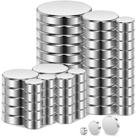 Lot de 60 aimants néodyme 5x3mm, 10x3mm, 15x3mm – Revêtement maillechort brossé – Résistants à la corrosion – Pour réfrigérateur et tableau blanc (1/5)