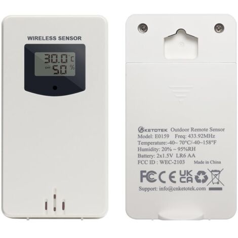 Thermomètre numérique Hygromètre Capteur extérieur pour station météo Capteur sans fil Hygromètre Thermomètre électronique 433.92MHz avec affichage, alimenté par 2 piles AA